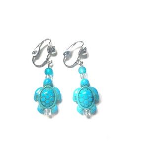 Handmade Faux Turquoise Stone Turtle Clip-On Earrings Summer Wedding Beach